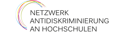 Logo mit mehreren farbigen, sich überlappenden Halbkreisen links und dem Text 'NETZWERK ANTIDISKRIMINIERUNG AN HOCHSCHULEN' rechts.