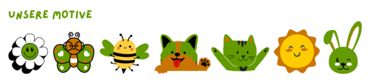 Verschiedene Motive: Weiße lächelnde Blume. Grün-orangener Schmetterling mit Brille. Lächelnde Biene. Grün-orangener hechelnder Hund, der eine Pfote hebt. Grüne Katze, die beide Pfoten in die Luft streckt. Gelbe Sonne. Grüner zwinkernder Hase.