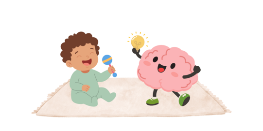Small child sitting on rug holding rattle next to happy walking brain with light bulb above head