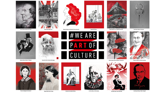 Schriftzug WE ARE PART OF CULTURE umgeben von künstlerischen Portraits bekannter Menschen, in schwarz-weiß gehalten mit roten Akzenten