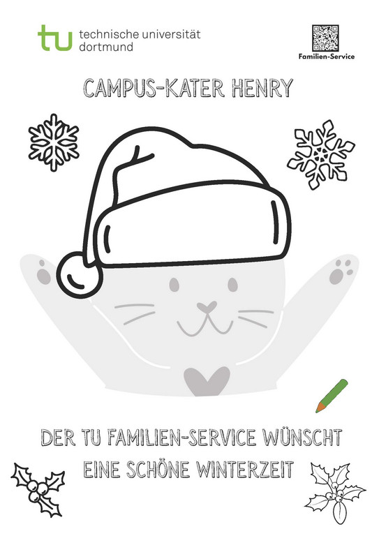Schwarz-weiße Linienzeichnung einer Katze mit Weihnachtsmütze, zwei Schneeflocken und weihnachtlichen Zweigen, Text 'CAMPUS-KATER HENRY' und 'DER TU FAMILIEN-SERVICE WÜNSCHT EINE SCHÖNE WINTERZEIT'.
