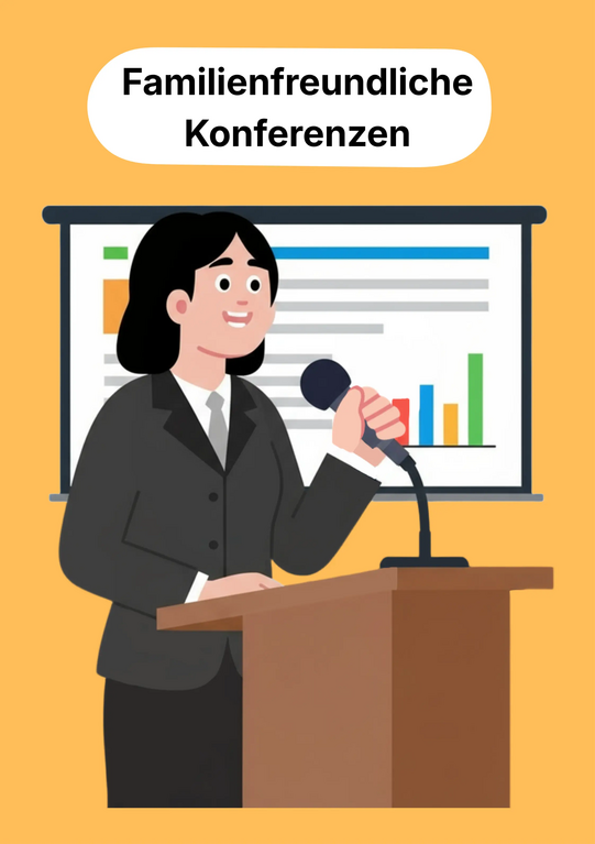Woman in suit holding microphone standing at podium in front of presentation slide with charts and text