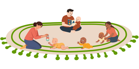 Mehrere Erwachsene und Babys sitzen und krabbeln auf einem großen, runden Teppich mit grünem Muster.