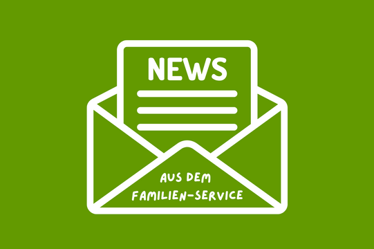 White icon of an open envelope with a sheet of paper showing 'NEWS' and 'AUS DEM FAMILIEN-SERVICE'.