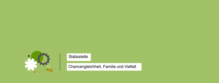 Grüne Fläche mit drei Zahnrädern unten links und Text 'Stabsstelle Chancengleichheit, Familie und Vielfalt'