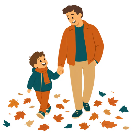 Father and child walking hand in hand through autumn landscape with fallen leaves