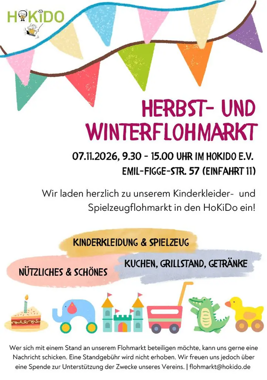 Colorful bunting above text about autumn and winter flea market with details on date, location, and offerings like children's clothing, toys, cake, grill stand, and drinks, accompanied by small illustrations of toys and cake.