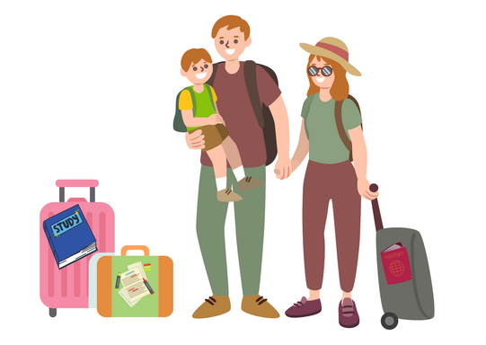 Eltern mit Kind und mehreren Koffern, darunter ein Koffer mit einem Buch mit der Aufschrift 'STUDY' und ein Koffer mit einem Reisepass-Symbol