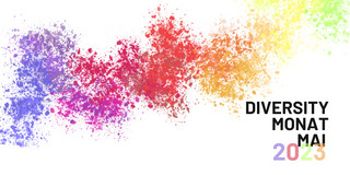 Bunte Farbspritzer und der Schriftzug Diversity-Monat Mai 2023