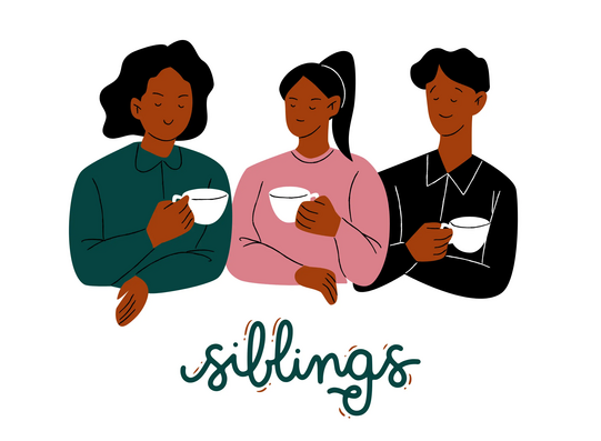 Three people with closed eyes holding cups sitting side by side above the word 'siblings'
