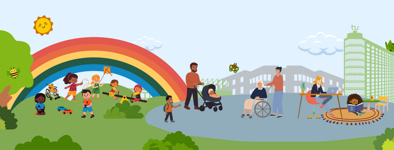 Diverse group of people of various ages and backgrounds in a park with a rainbow, sun, and city buildings in the background.