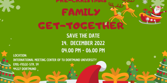 Weihnachtliche Einladungskarte zum Family-Get-Together mit Datum und Uhrzeit. Weihnachtliche Motive schmücken den Text.