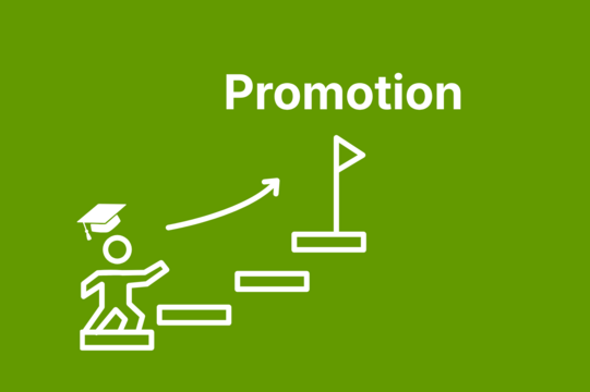 White line graphic on a green background: A stylized person wearing a graduation cap climbs a staircase. An arrow leads from the stairs to a finish flag. The word 'Promotion' appears above.