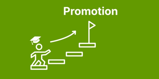 Weiße Liniengrafik auf grünem Hintergrund: Eine stilisierte Person mit Doktorhut steigt eine Treppe hinauf. Über der Treppe verläuft ein Pfeil zu einer Zielflagge. Darüber steht der Text 'Promotion'.