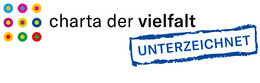 Multicolored logo with six colored dots in two rows, next to the text 'charta der vielfalt' and a blue stamp reading 'UNTERZEICHNET'.
