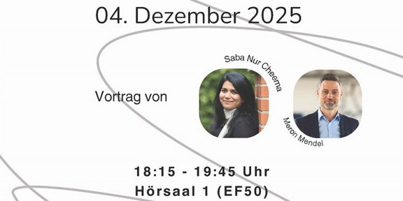 Veranstaltungsposter der Technischen Universität Dortmund mit dem Titel 'Erinnerungskultur und die deutsche Israel-Palästina-Debatte', Datum 4. Dezember 2025, zwei Porträts mit Namen Saba Nur Cheema und Aaron Mendel, Veranstaltungsdetails und QR-Code.
