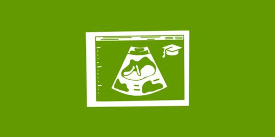Pictogram of an ultrasound image of a baby in the womb with a doctor's hat on top