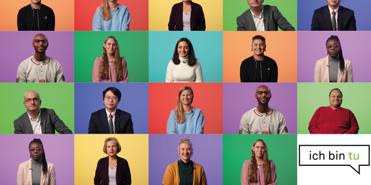 Kollage aus Portraits unterschiedlicher Menschen vor buntem Hintergrund
