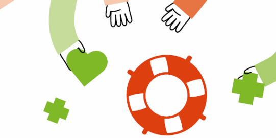 Three outstretched arms with hands, two holding green symbols (heart and cross), a red lifebuoy in the center.