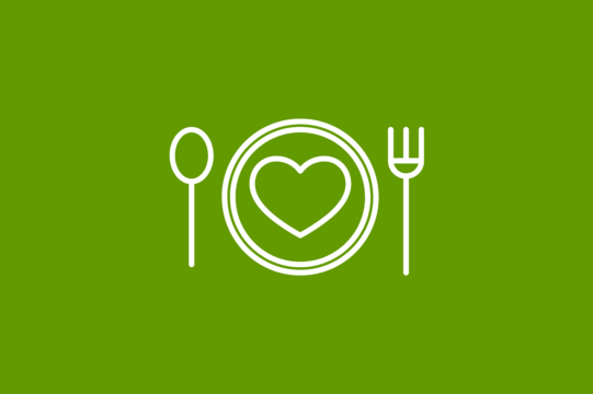 It shows a plate with a knife and a fork. In the middle of the plate is a heart