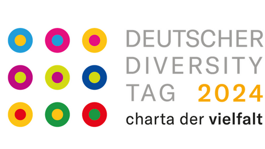 Neun Kreise in unterschiedlichen Farben angeordnet zu einem Quadrat, Text: Deutscher Diversity Day 2024