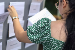 Woman with long dark hair and green polka-dot blouse with puff sleeves reading papers on a bulletin board.