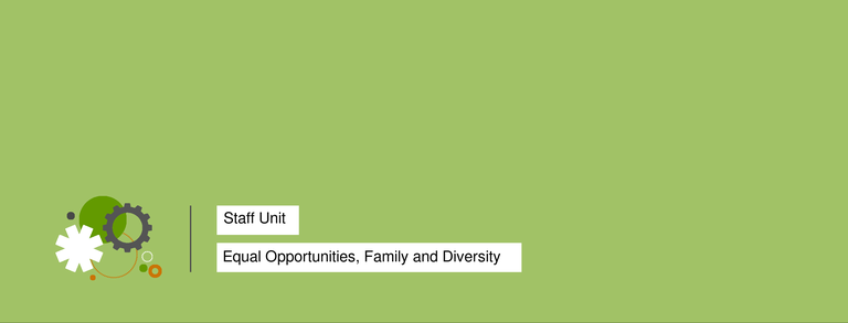 Green background with two white gears and text boxes reading 'Staff Unit' and 'Equal Opportunities, Family and Diversity'