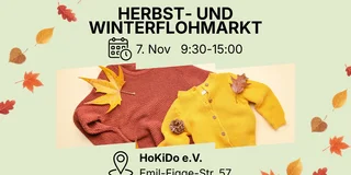 Zwei gestrickte Kinderpullover mit Herbstblättern auf beigem Hintergrund, darüber Infotext: „Herbst- und Winterflohmarkt, 9:30 bis 15 Uhr, HoKiDo e.V., Emil-Figge-Straße 57.“