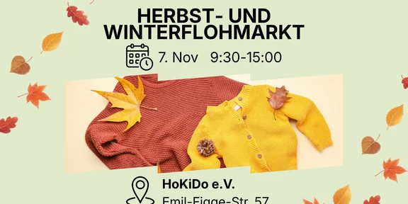 Zwei gestrickte Kinderpullover mit Herbstblättern auf beigem Hintergrund, darüber Infotext: „Herbst- und Winterflohmarkt, 9:30 bis 15 Uhr, HoKiDo e.V., Emil-Figge-Straße 57.“
