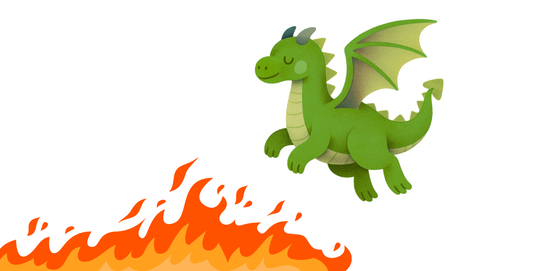 Grüner Drache mit geschlossenen Augen und Flügeln über einer Flammenwand