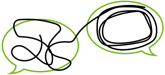 Zwei Sprechblasen. In der einen ist eine schwarze Linie zu einem Knäuel und läuft in die andere Sprechblase über, in der die schwarze Linie ordentlich aufgewickelt wird.