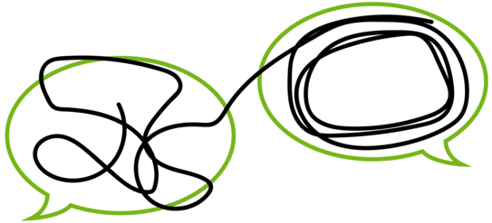 Two speech bubbles. In one, a black line forms a tangled knot; in the other, the line is neatly wound up