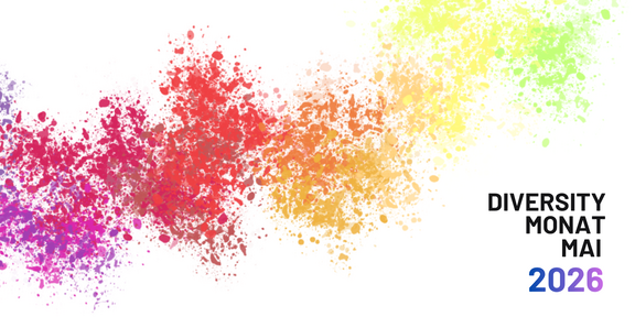 Colorful rainbow paint splatters with the text 'DIVERSITY MONAT MAI 2026' on the right