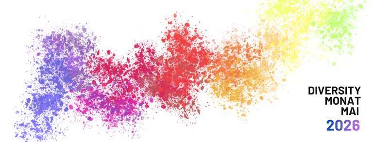Colorful rainbow paint splatters with the text 'DIVERSITY MONAT MAI 2026' on the right