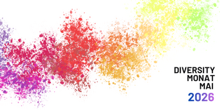 Colorful rainbow paint splatters with the text 'DIVERSITY MONAT MAI 2026' on the right