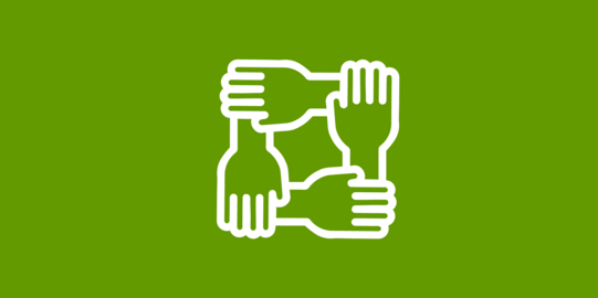 Kooperation Vier Hände bilden Hand in Hand ein Viereck.