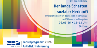Grafik mit Text zu einem Online-Vortrag von Dr. Frerk Blome über soziale Herkunft und Ungleichheiten im deutschen Hochschul- und Wissenschaftssystem am 06.05.2026 von 12 bis 13 Uhr, Teil des Jahresprogramms 2026 Antidiskriminierung von UA Ruhr