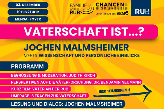 Bunte Veranstaltungsankündigung mit Datum, Uhrzeit, Ort und Programm zum Thema Vaterschaft mit Jochen Malmsheimer an der RUB.