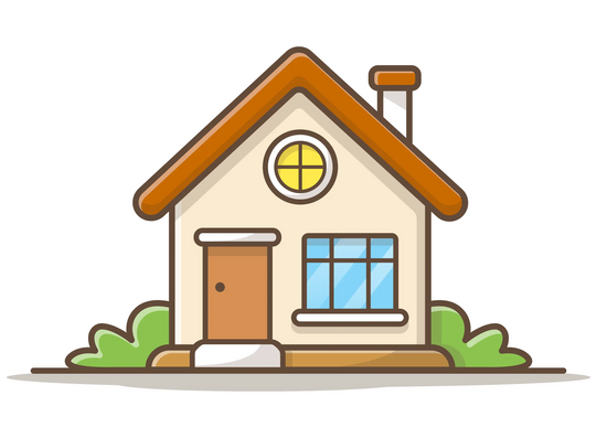 A simple house with a gable roof, round window in the gable, rectangular window and door, surrounded by bushes