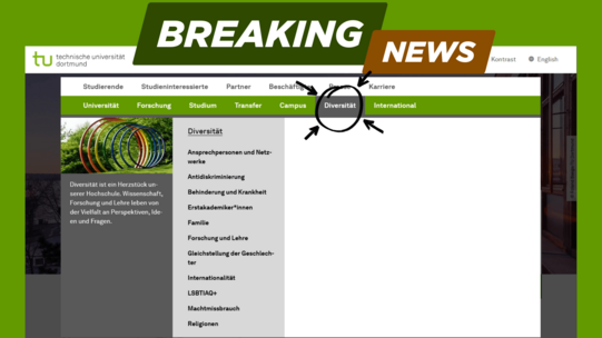 Screenshot einer Webseite der Technischen Universität Dortmund mit hervorgehobenem Menüpunkt "Diversität" und einem Dropdown-Menü mit verschiedenen Themen wie Antidiskriminierung, Behinderung und Krankheit, Familie, Forschung und Lehre, Gleichstellung der Geschlechter, Internationalität, LSBTIAQ+, Machtmissbrauch und Religionen
