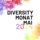 colorful splashes of paint; Text: Diversity Month May 2024