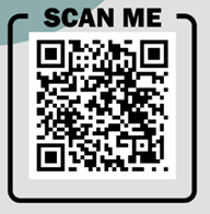 Schwarz-weißer QR-Code mit dem Text 'SCAN ME' darüber, eingerahmt von einer abgerundeten schwarzen Linie.