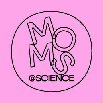 Round logo with letters 'M', 'O', 'M', 'S' stacked and text '@SCIENCE' below on pink background.
