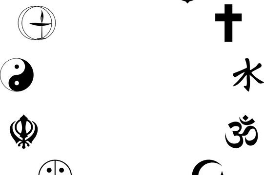 Symbole verschiedener Religionen sind in einem Kreis angeordnet.